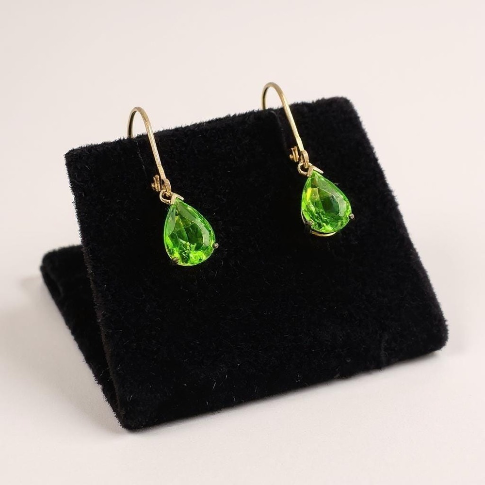 Stauer Helenite Earrings Pear Cut Green Gems Gold Over Silver Lever Back Dangles